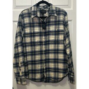 Lucky Brand Men's Flannel Shirt Blue Cream Yellow Plaid Size Medium